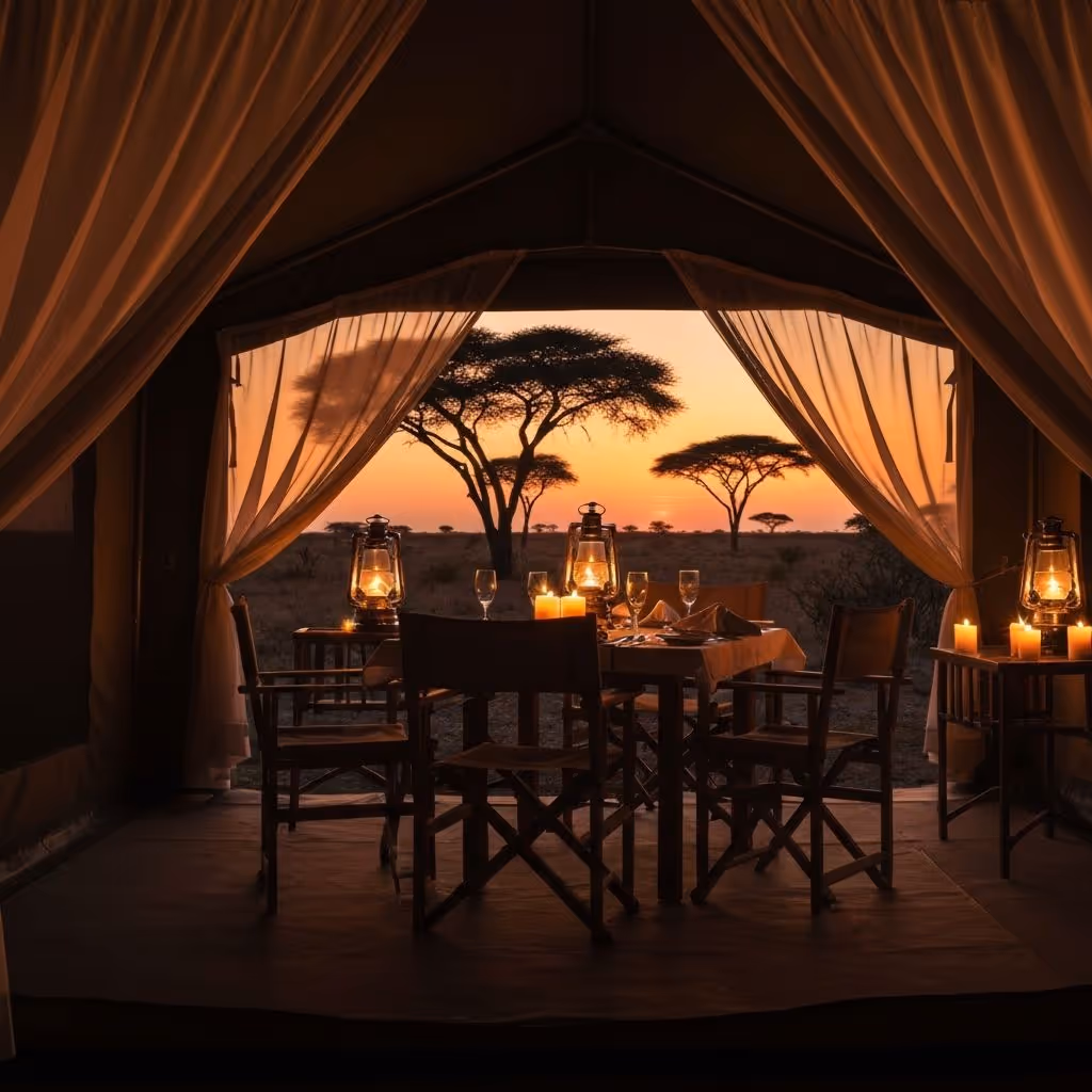 Luxury safari camp at sunset